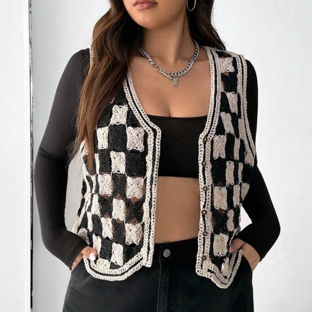 Black & Cream Crocheted Checkered Vest Sweater